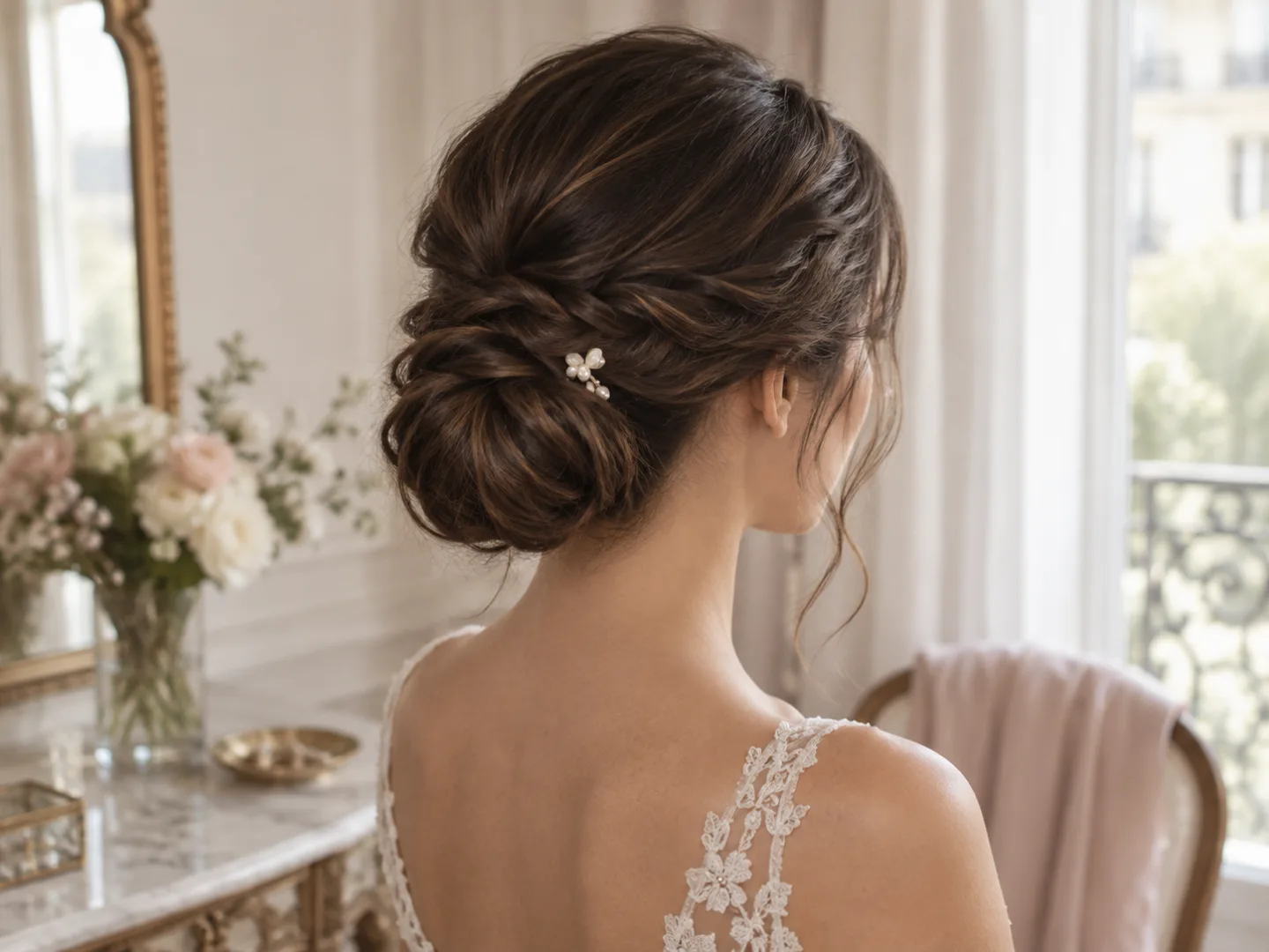 Illustration éditoriale d’un chignon bas de mariage avec détail tressé