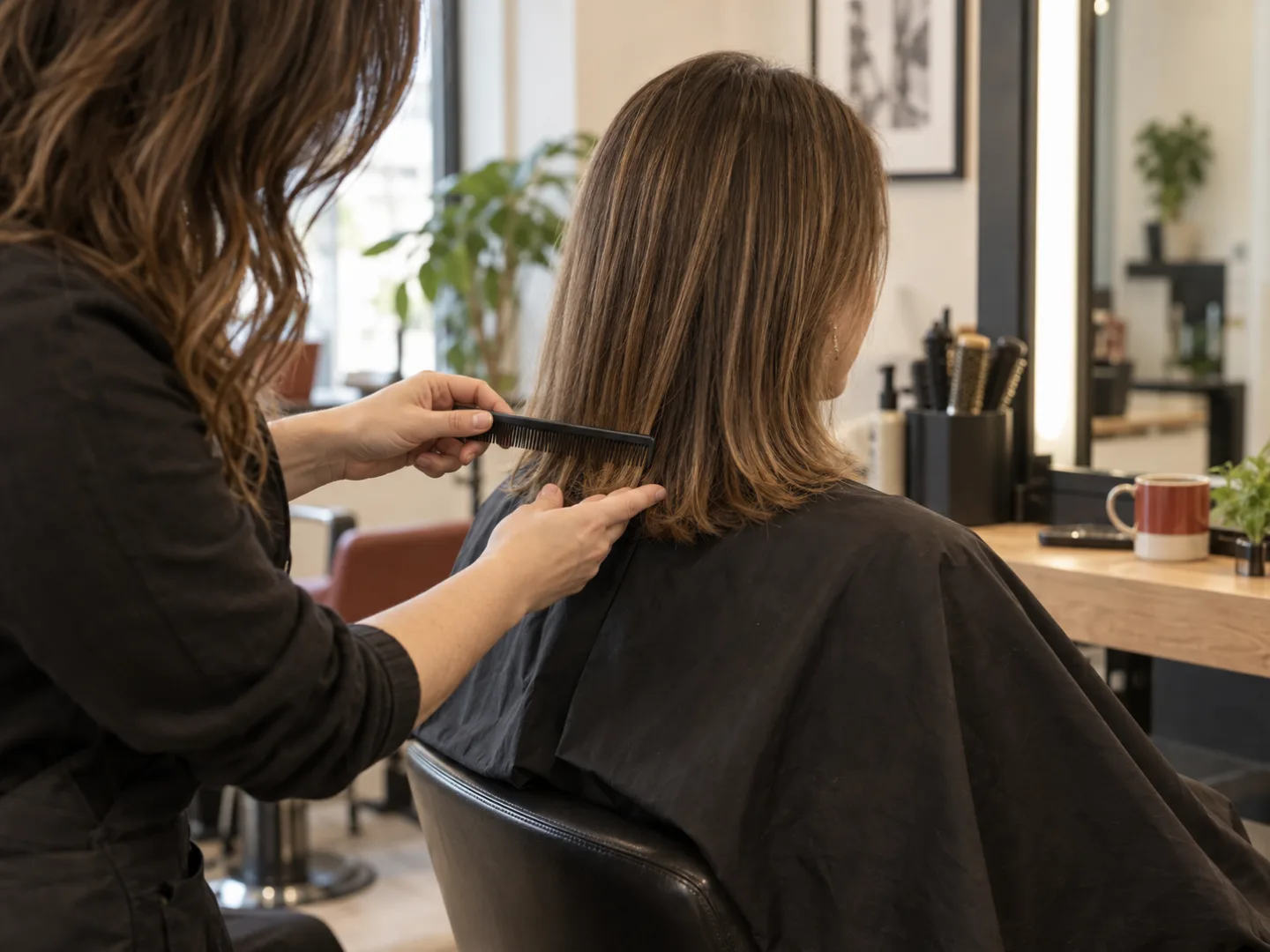 Coiffeur examinant les longueurs et le mouvement des cheveux