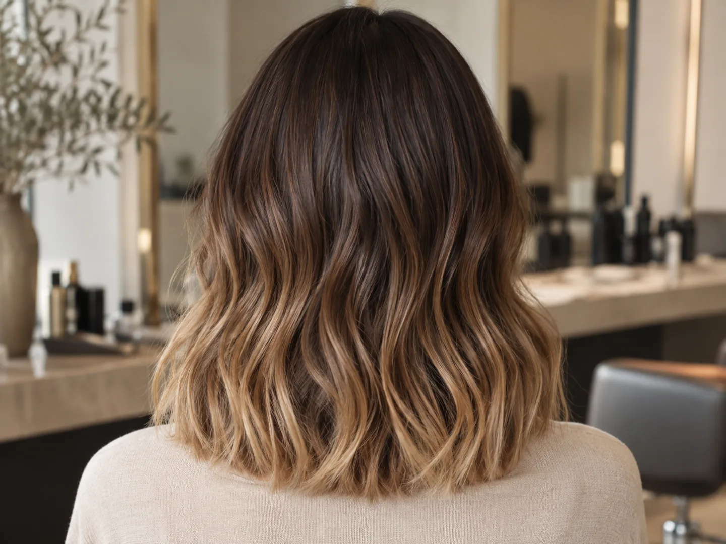 Illustration éditoriale d’un ombré miel progressif sur cheveux bruns