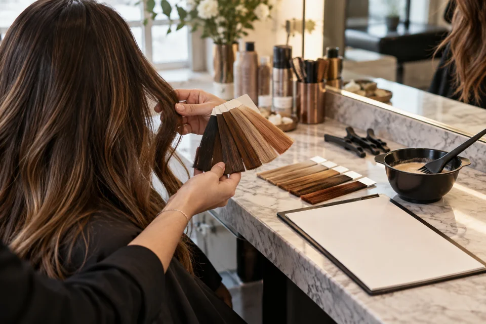 Illustration éditoriale d’une transition de couleur miel sur cheveux bruns
